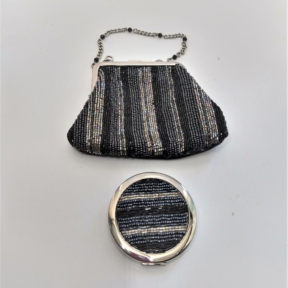 VNT Liz Claiborne Beaded Evening Bag Clutch Beaded Velvet Black Silver w/Mirror